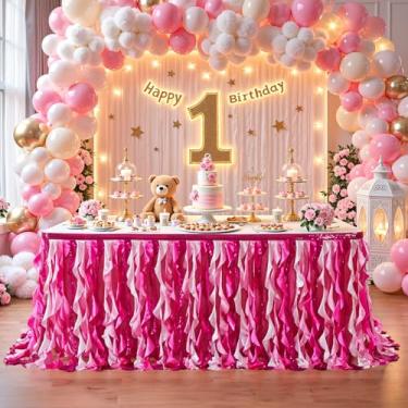 Imagem de Wish Care Saia de mesa de lantejoulas rosa de 2,7 m para mesas retangulares com glitter cacheado salgueiro fúcsia saia tutu toalha de mesa saia de mesa para princesas meninas aniversário chá de bebê