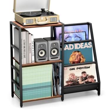 Imagem de FEKTIK Suporte para toca-discos, suporte de toca-discos com armazenamento de discos de vinil, mesa de toca-discos de 3 níveis, mais de 200 álbuns, mesa de canto com suporte de prateleira de exibição
