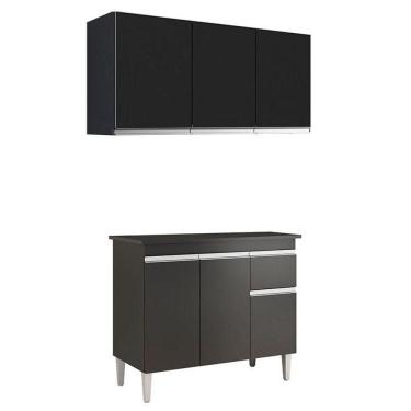 Imagem de Balcão De Cozinha Tatiane Com Tampo 100cm E Armário Aéreo Andréia 3 Portas Preto Fosco - Ajl