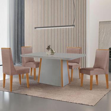 Imagem de Mesa De Jantar Diane 120cm Tampo Mdf Vidro 4 Cadeiras Lisboa Moderna Linho Capuccino Off White Naturale Serigrafia