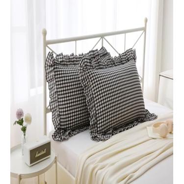 Imagem de Meaning4 Capas de travesseiro quadradas xadrez preto branco com babados, fronhas xadrez guingão, algodão lavado, casa de cama/sofá (45 x 45 cm, xadrez preto/branco) 2 unidades