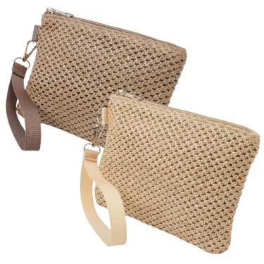 Imagem de CREATCABIN Bolsa de mão feminina de palha, 2 peças, bolsa de mão de palha, bolsa de mão com zíper, boêmia, bolsa de verão e praia, tecida com alça para férias, festa, trabalho, viagem, bege, amarelo