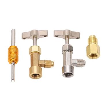 Imagem de R134A Adaptador Válvula autovedante Latão Aço inoxidável Punção única pode torneiras Kit de reparo de linha AC com ferramenta de remoção de núcleo para latas de refrigerante