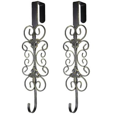 Imagem de Mervkis 2 ganchos de guirlanda para porta da frente gancho de guirlanda de 39,4 cm sobre a porta, rolagem decorativa e suporte de grinalda de flor de lis, latão antigo