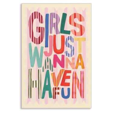 Imagem de Arte de parede em tela Girls Just Wanna Have Fun, pôster de afirmações positivas rosa choque, impressão de citação colorida minimalista para dormitório de meninas, decoração de sala de jogos infantil