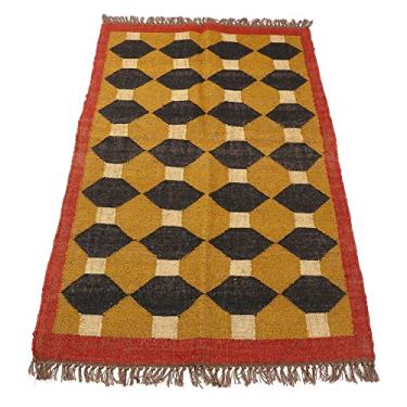 Imagem de ROYAL ARTS & CRAFTS Tapete Killim de juta de lã tecido à mão, 6,5 x 9 m, tapete de área de padrão geométrico, algodão tecido à mão, preto e dourado com borda vermelha, bordas com franjas