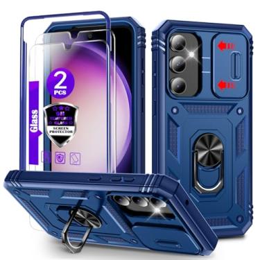 Imagem de Capa para Galaxy S23 FE com controle deslizante para câmera, 2 películas de vidro temperado, suporte de anel giratório de 360°, capa protetora de grau militar para Samsung S23 FE-azul