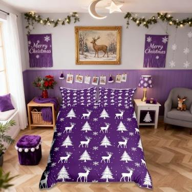 Imagem de Manfei Conjunto de capa de edredom infantil de veado de Natal, tamanho Queen, conjunto de cama rústico de Natal com pontos de neve, pinheiro, pontos de neve, decoração de quarto de meninas, meninos
