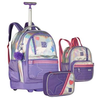 Imagem de Kit Mochila de Costas e Rodas Estojo Box e Lancheira 2x1 Holográfico Fashion Rebeca Bonbon Escolar Trabalho Faculdade Roxo
