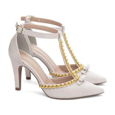 Imagem de SAPATO SCARPIN FEMININO TORRICELLA OFF WHITE APLIQUE DE PÉROLA DOURADO NÚMERO 35