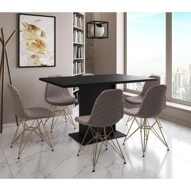 Imagem de Mesa Jantar Londres Retangular Preta 137X90Cm 6 Cadeiras Estofadas Nude Médio Base Dourado
