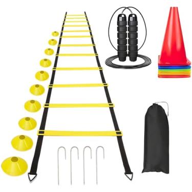 Imagem de Escada de agilidade de 12 degraus, 6 metros, com 10 cones de futebol, bolsa de transporte incluída, conjunto de equipamento de treinamento de futebol, velocidade de desenvolvimento, agilidade e