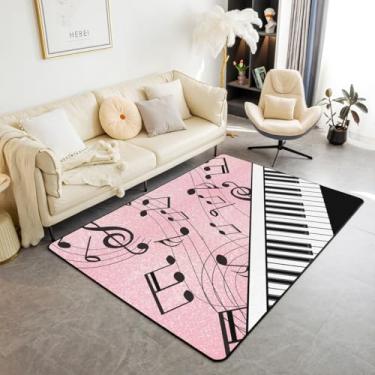 Imagem de Manfei Tapete de área com notas musicais preto e branco para chave de piano, tapete decorativo com estampa de glitter rosa com tema musical para sala de estar, decoração de quarto de meninas e