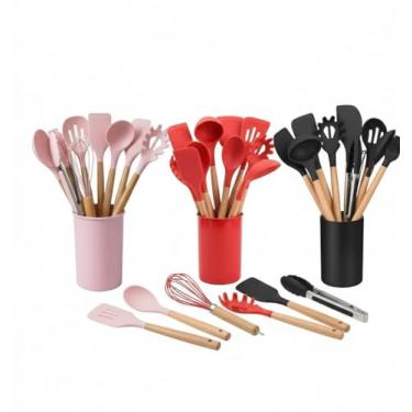 Imagem de Kit Utensílios de Cozinha 12 Peças em Silicone e Bambu com Porta Utensílios – Antiaderente, Resistente ao Calor, Ideal para Cozinhar – Cores Variadas