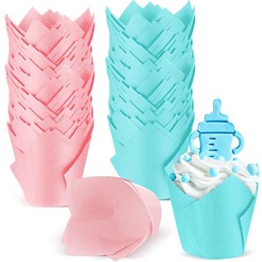 Imagem de 200 peças de forro de cupcake de tulipa para assar cupcakes rosa e azul copos de bolo de tulipa papel à prova de gordura envoltórios de cupcake para chá de bebê forro de muffin para equipe, meninas,