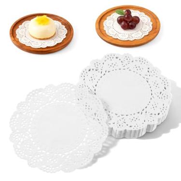 Imagem de LXUEJIE 200 peças de toalhas de papel, jogo americano descartável redondo de renda de 8,5 cm, toalhas brancas para pratos para mesas, bandejas de sobremesa, artesanato de festa, decorações de bolo de