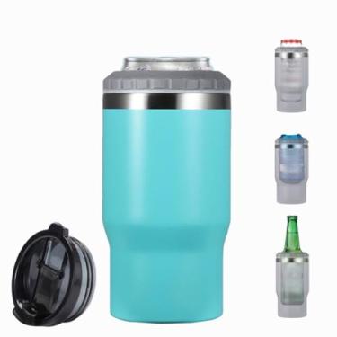 Imagem de FAMKX 14oz 4 em 1 isolador de garrafa de cerveja de aço inoxidável pode arrefecer com 2 tampas para 12oz can&bottle, Thermocooler isolado de parede dupla&Travel Cup(azul claro)