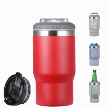 Imagem de FAMKX 14oz 4 em 1 isolador de garrafa de cerveja de aço inoxidável pode arrefecer com 2 tampas para 12oz can&bottle, Thermocooler isolado de parede dupla(vermelha)