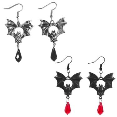 Imagem de RLHRNDE Conjunto de 2 pares de brincos de morcego de Halloween para mulheres, brincos de caveira gótica, vampiro assustador, vintage, brincos de prata esterlina, acessórios misteriosos, bijuterias