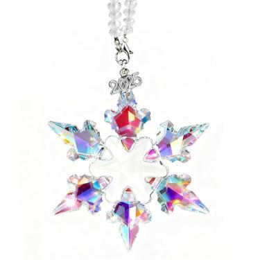 Imagem de Enfeite de floco de neve de cristal 2025, decoração de Natal de cristal K5 feito à mão com fitas azuis e brancas, presente elegante para mulheres (colorido)