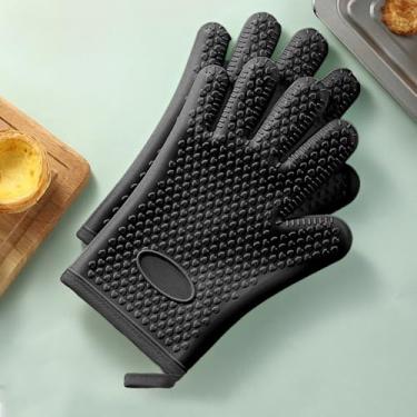 Imagem de 2 luvas de forno de silicone resistentes ao calor – Luvas de grelha de camada dupla com 5 dedos, luvas de forno de cozinha impermeáveis e antiderrapantes para cozinhar, assar, churrasco (preto)