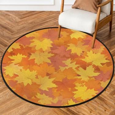 Imagem de Tapete redondo pequeno de 1,5 m com folhas douradas, tapete circular antiderrapante, lavável, tapete de porta circular para quarto, sala de estar, berçário, cozinha, banheiro, entrada, decoração de