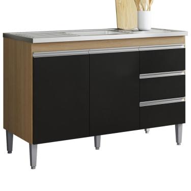 Imagem de Balcão Pia Sem Tampo 2 Portas 3 Gavetas 116 Cm Andreia Amendoa Preto Reajl Moveis