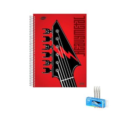 Imagem de Kit Caderno Masculino 20 Matérias 400 Folhas Capa Dura + Caneta Trigel Branca + Grampeador Alicate