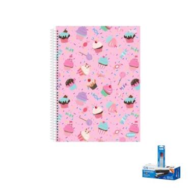 Imagem de Kit Caderno Feminino 10 Matérias 200 Folhas KBOM + Caneta Esferográfica 0.7mm + Grampeador Metallic C-15