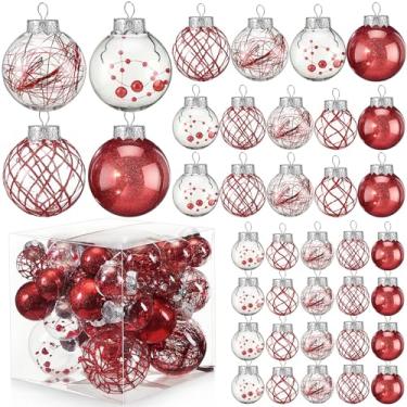 Imagem de Civaner Conjunto de 43 peças de enfeites de bolas transparentes de Natal vermelhas de plástico à prova de estilhaçamento com glitter decorativo, bolas de Natal com 5 estilos de pelúcia em 4 tamanhos