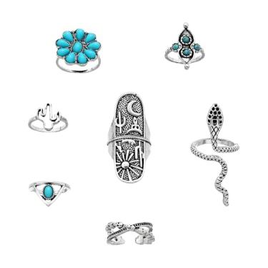 Imagem de XAM Conjunto de 8 anéis boêmios turquesa para mulheres, vintage, ovais, pedras preciosas, pacote de joias ocidentais, relâmpago, girassol, empilhável, joia, junta articulada, Pedra, Sem pedra preciosa