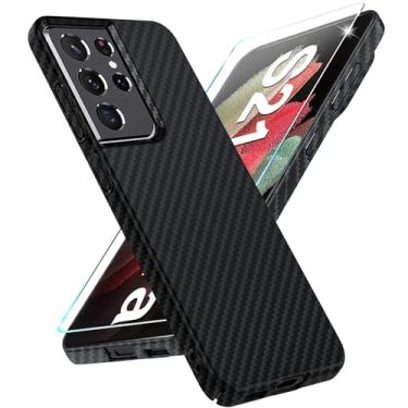 Imagem de Capa de fibra de carbono para Samsung Galaxy S21 Ultra com protetor de tela Slim Fit para Samsung S21 Ultra, capa de telefone resistente, durável, fina, híbrida, PC, capa de proteção rígida 5G (preto)