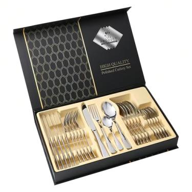 Imagem de BEMMY 24 Kit Jogo de Talheres, Talheres de aço inoxidável，Caixa de Presente Luxuosa para Talheres, Faca, Garfo e Colher,Jogo Faqueiro Conjunto Aço Inox Luxo Jogo (Prata)