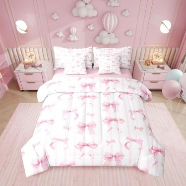 Imagem de Erosebridal Conjunto de edredom completo com laço kawaii rosa e branco, 7 peças | Cama fofa em uma bolsa para quarto, listrado, romântico, conjunto de cama infantil com edredom, decoração de quarto de
