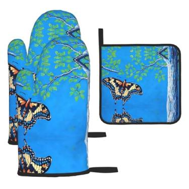 Imagem de Art Blue Dragonflies – Conjunto de cozinha essencial com 3 peças, luvas resistentes ao calor e alça de tampa, proteção para churrasco no forno, design de armazenamento suspenso.