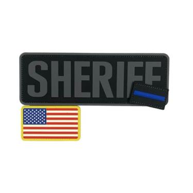 Imagem de uuKen 3 adesivos xerife 21 cm × 7 cm PVC com fecho de gancho na parte de trás para coletes sacos de transporte de placas (3 peças, cinza, bandeira, patch azul fino)