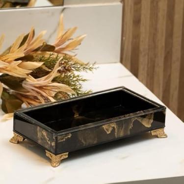 Imagem de Bandeja Vidro P 20x10 Efeito Mármore Bandeja Decorativa Organizadora (PRETA C DOURADO,SEM O PÉ)