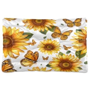 Imagem de Wassud Cama de girassóis e borboletas para cães pequenos, lavável, impermeável, para viagem, para animais de estimação, portátil, com fundo antiderrapante para ambientes internos e para dormir, 45 x