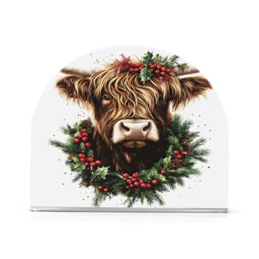 Imagem de xigua Suporte de guardanapo de gado Highland de Natal para mesas, porta-guardanapos de papel de placa acrílica elegante, dispensador de papel de seda independente moderno para sala de jantar, sala de