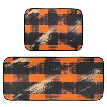 Imagem de Qilmy Tapete de cozinha xadrez retrô laranja e preto, 2 peças, tapete de entrada frontal, antiderrapante, alivia a fadiga, lavável, tapete para cozinha, quarto, varanda38
