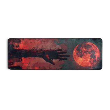 Imagem de Burbuja Tapete de Halloween Tumb Red Moon Runner 61 x 183 cm, tapete lavável antiderrapante com suporte de borracha, tapete para sala de estar, corredor, decoração de casa