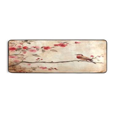 Imagem de Burbuja Pássaro retrô em tapete de corredor de galho 61 x 183 cm, tapete lavável antiderrapante com suporte de borracha, tapete para sala de estar, corredor, decoração de casa