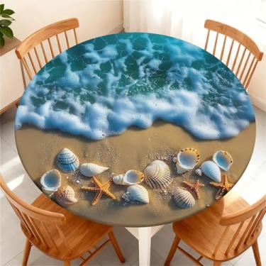 Imagem de Yesad Toalha de mesa redonda com borda elástica para mesa redonda de até 94 a 112 cm, capa de mesa impermeável para acampamento, interior, exterior, férias, verão, concha