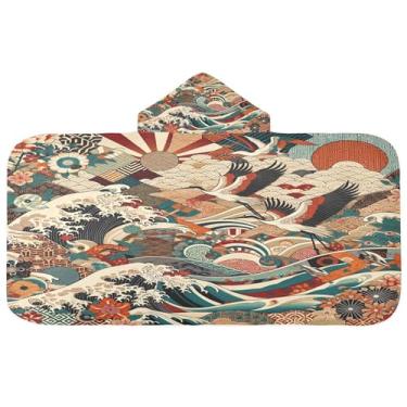 Imagem de Burbuja Toalha de banho com capuz de guindaste japonês para crianças, toalha de praia de pelúcia macia absorvente para meninas e meninos 3-10 anos, 61 x 127 cm