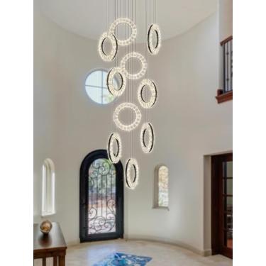 Imagem de Lustre moderno de cristal com 10 anéis, luminária pendente longa para escada, LED, para sala de estar, com controle remoto, luminária suspensa para hall de entrada com pé direito alto, anel