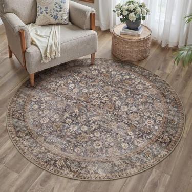 Imagem de Hugear Tapete redondo de entrada de 1,2 m lavável à máquina, tapete de área marrom tradicional, 10 x 10 cm, pequeno círculo, tapete floral, de pelo baixo, tapete macio, sala de estar, escritório