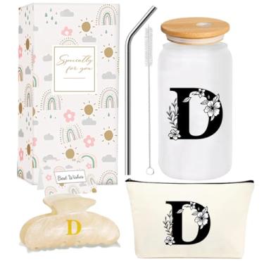 Imagem de 4MELLY Copo de vidro com inicial monograma, presentes personalizados para mulheres, copos de vidro de 473 ml, canudos, aniversário, Natal, Dia das Mães, presente para ela