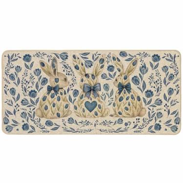 Imagem de Baccessor Tapete de porta azul coelhinho da páscoa primavera floral tulipas coelho decorativo capacho frontal de boas-vindas 43 x 91 cm tapetes de porta internos externos antiderrapante suporte de