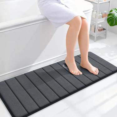 Imagem de OLANLY Tapetes de banheiro longos listrados de espuma viscoelástica 128 x 43 cm, tapete de banho absorvente super macio, secagem rápida, lavável na máquina, tapetes de chuveiro, tapete de banho