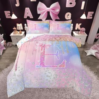Imagem de jejeloiu Conjunto de edredom para crianças, meninos e meninas, tamanho casal, com estampa de diamante com glitter, colcha de edredom com laço rosa, edredom com letra E personalizada, decoração de